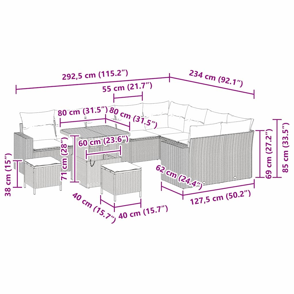 Tuinbankenset met kussen 13 pcs Beige en Crème poly rattan