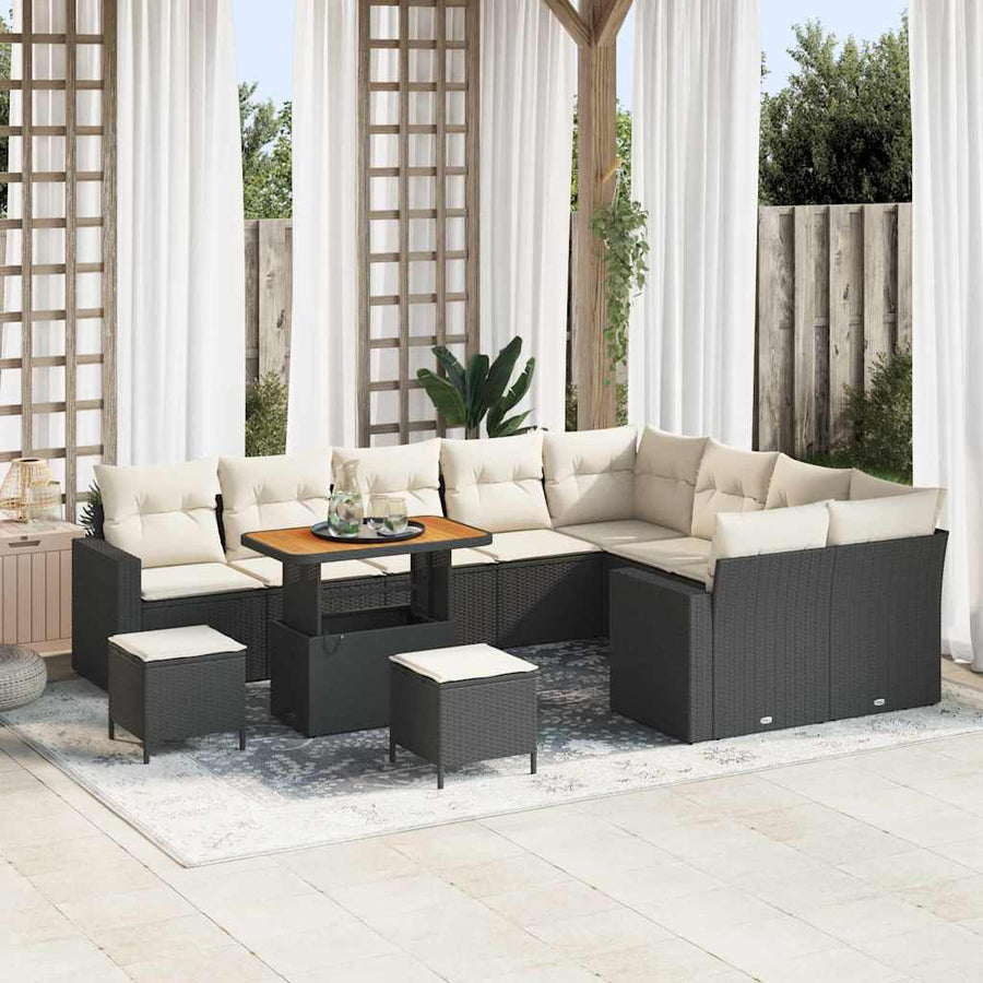 Tuinbankenset met kussen 13 pcs Zwart en Crème poly rattan