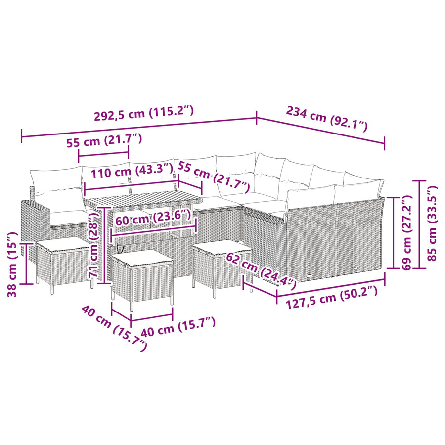 Tuinbankenset met kussen 14 pcs Zwart poly rattan