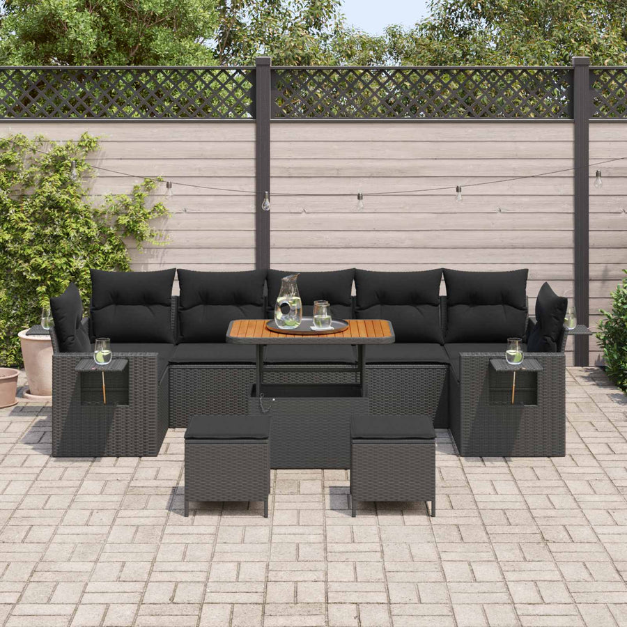 Tuinbankenset met kussen Zwart poly rattan