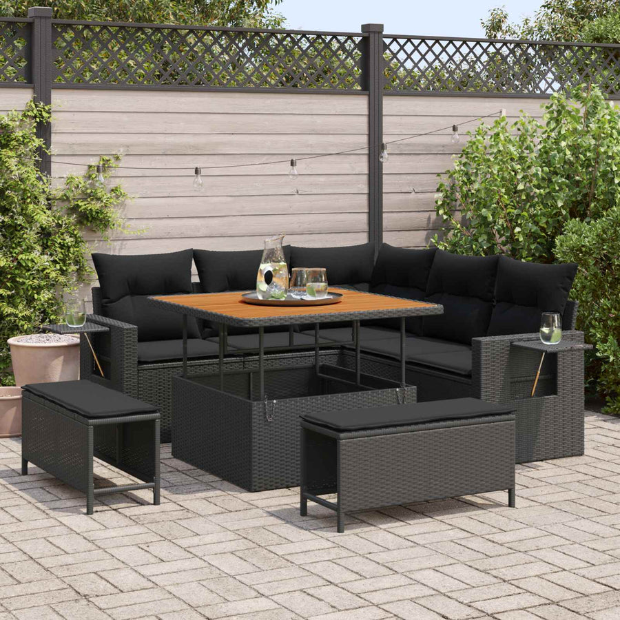 Tuinbankenset met kussen 9 pcs Zwart poly rattan