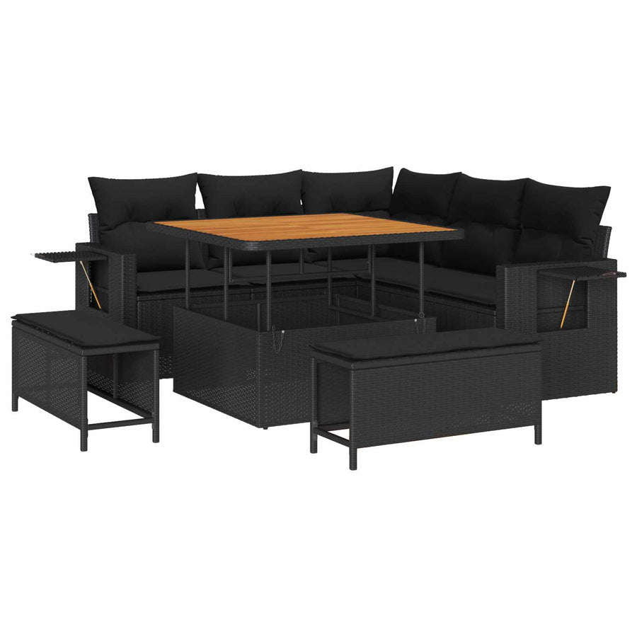 Tuinbankenset met kussen 9 pcs Zwart poly rattan