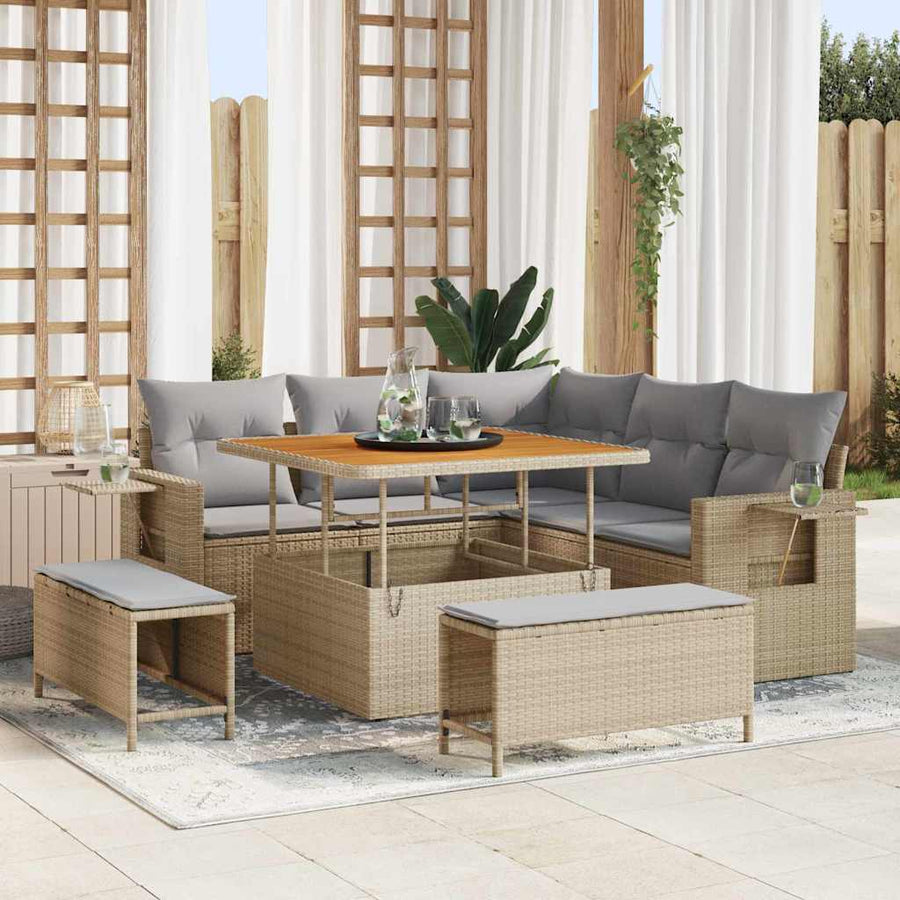 Tuinbankenset Met Kussen 9 Pcs En Licht Grijs Poly Rattan 100 cm tafellengte beige en lichtgrijs