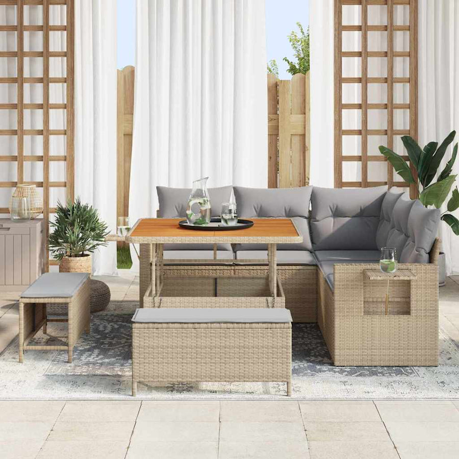 Tuinbankenset Met Kussen 9 Pcs En Licht Grijs Poly Rattan 100 cm tafellengte beige en lichtgrijs