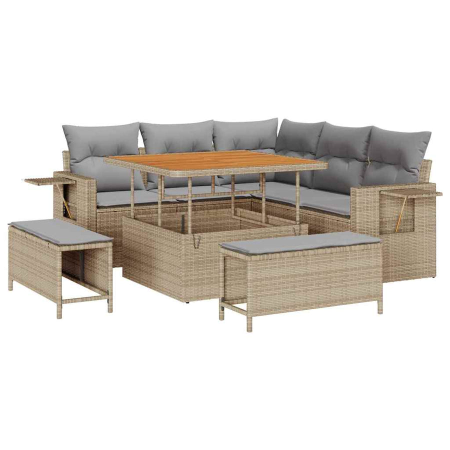 Tuinbankenset Met Kussen 9 Pcs En Licht Grijs Poly Rattan 100 cm tafellengte beige en lichtgrijs