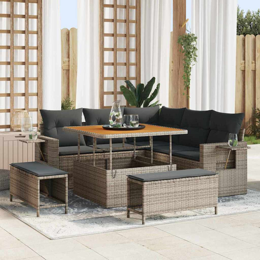 Tuinbankenset met kussen 9 pcs Grijs poly rattan