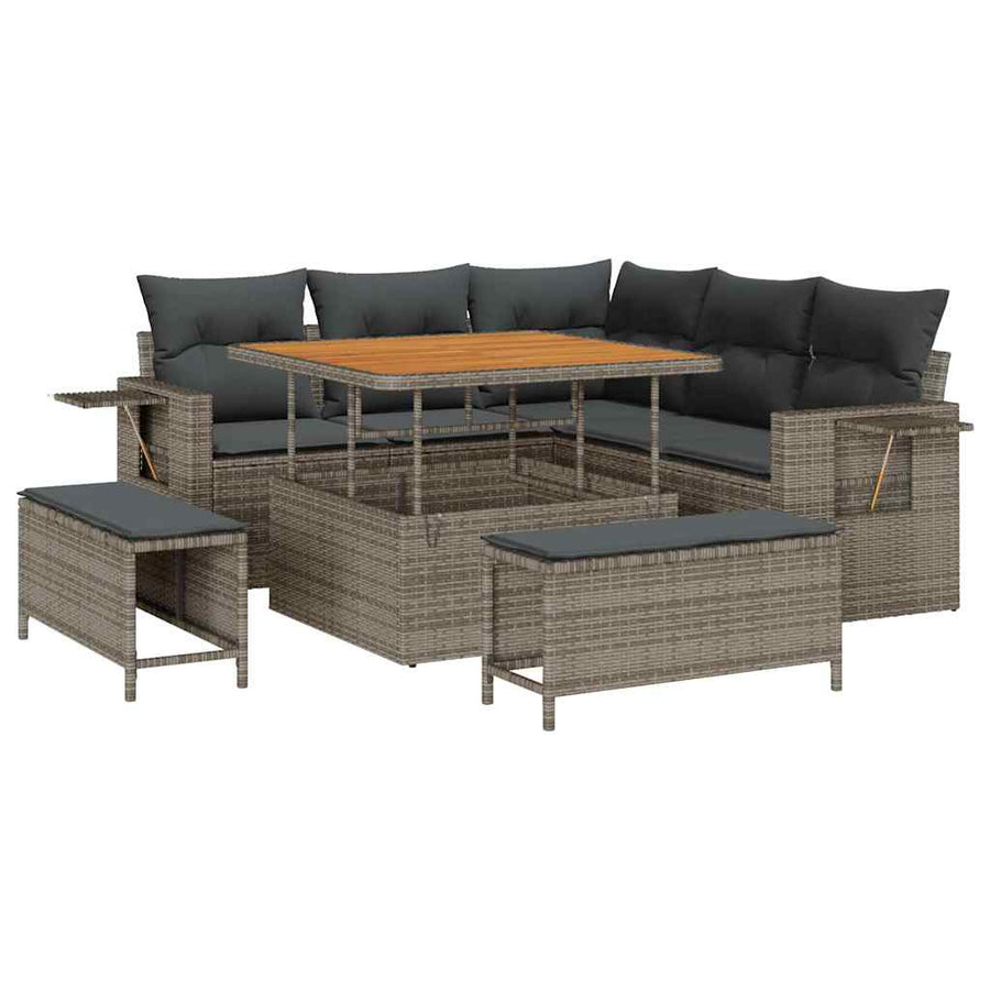 Tuinbankenset met kussen 9 pcs Grijs poly rattan