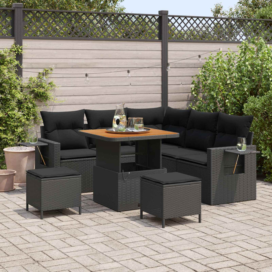 Tuinbankenset met kussen 9 pcs Zwart poly rattan