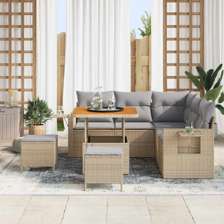 Tuinbankenset Met Kussen 9 Pcs En Licht Grijs Poly Rattan 80 cm tafellengte beige en lichtgrijs