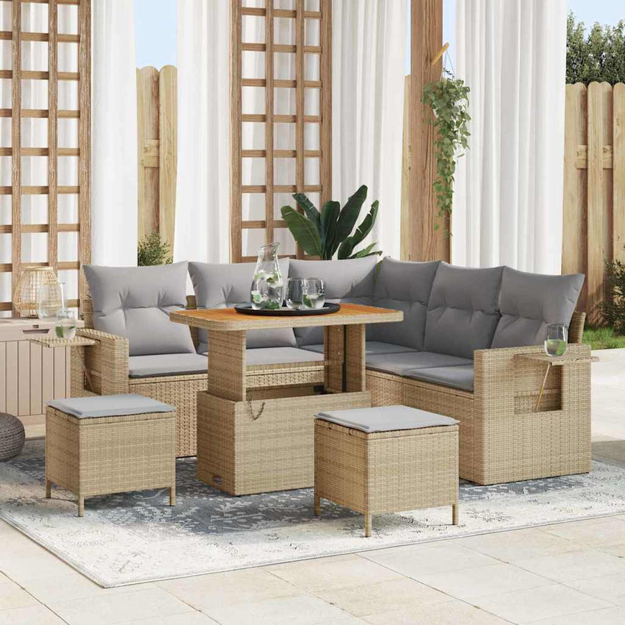 Tuinbankenset Met Kussen 9 Pcs En Licht Grijs Poly Rattan 90 cm tafellengte beige en lichtgrijs