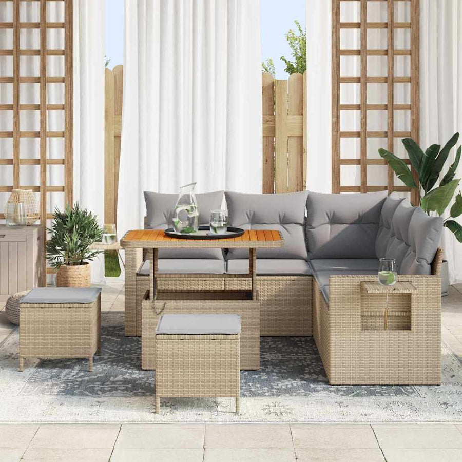 Tuinbankenset Met Kussen 9 Pcs En Licht Grijs Poly Rattan 90 cm tafellengte beige en lichtgrijs