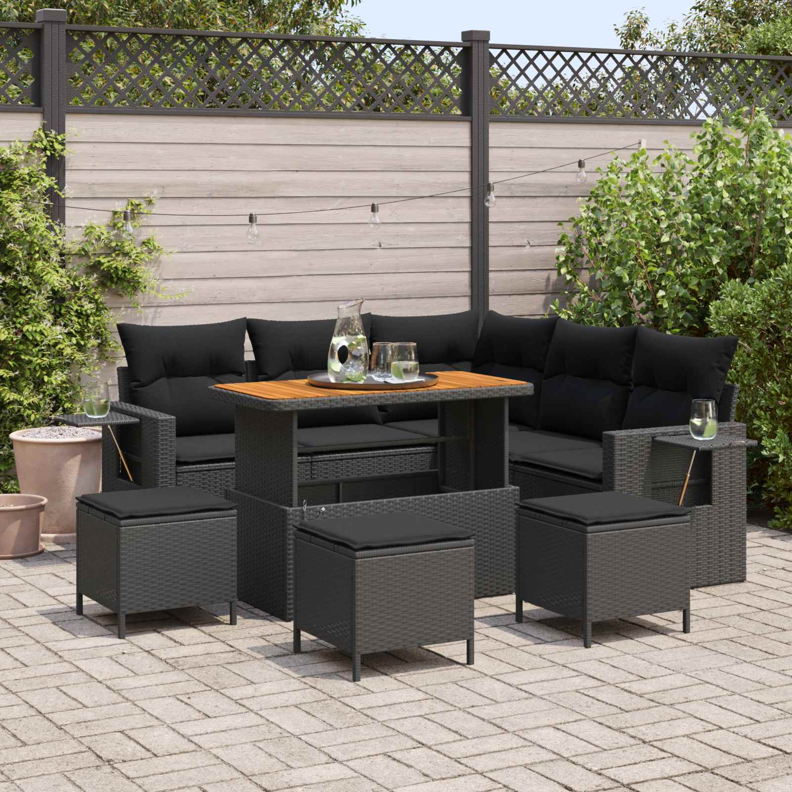 Tuinbankenset met kussen 10 pcs Zwart poly rattan