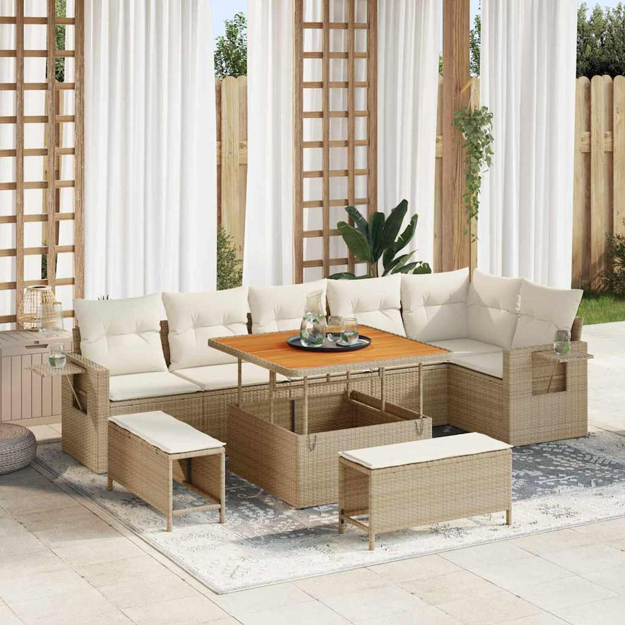 9-delige tuinbankset met kussens, beige poly rattan en acacia