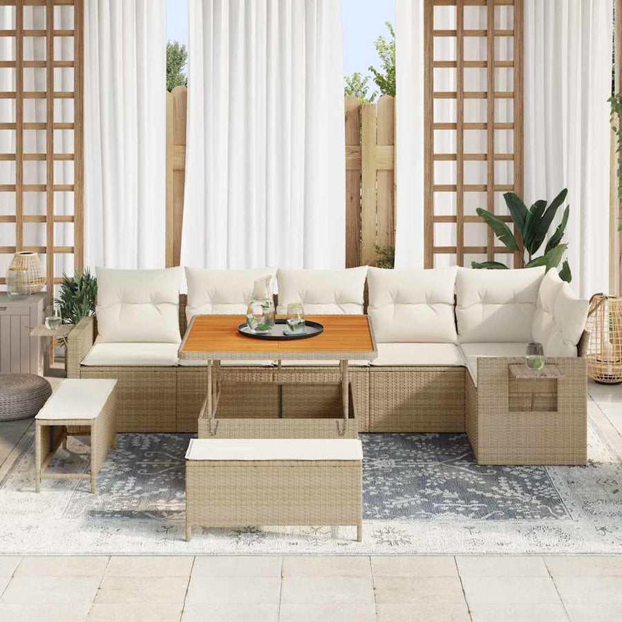 9-delige tuinbankset met kussens, beige poly rattan en acacia