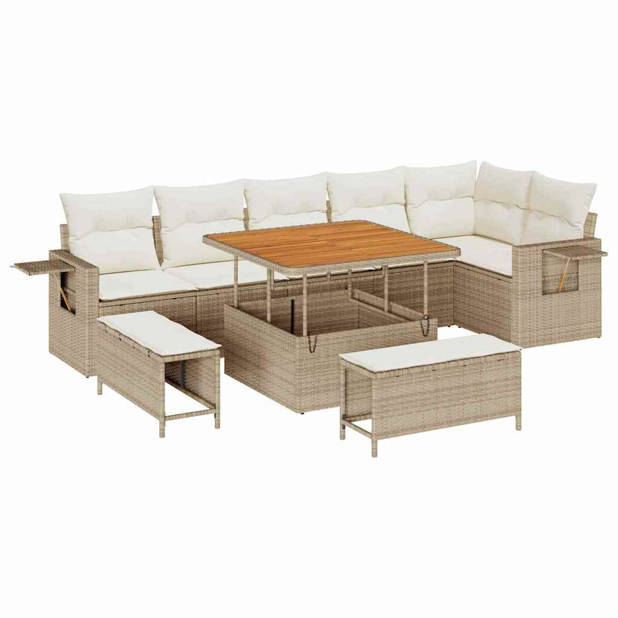 9-delige tuinbankset met kussens, beige poly rattan en acacia