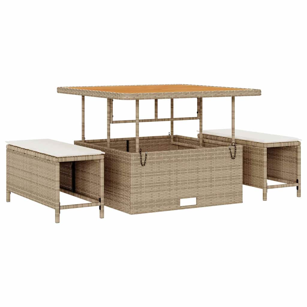 9-delige tuinbankset met kussens, beige poly rattan en acacia
