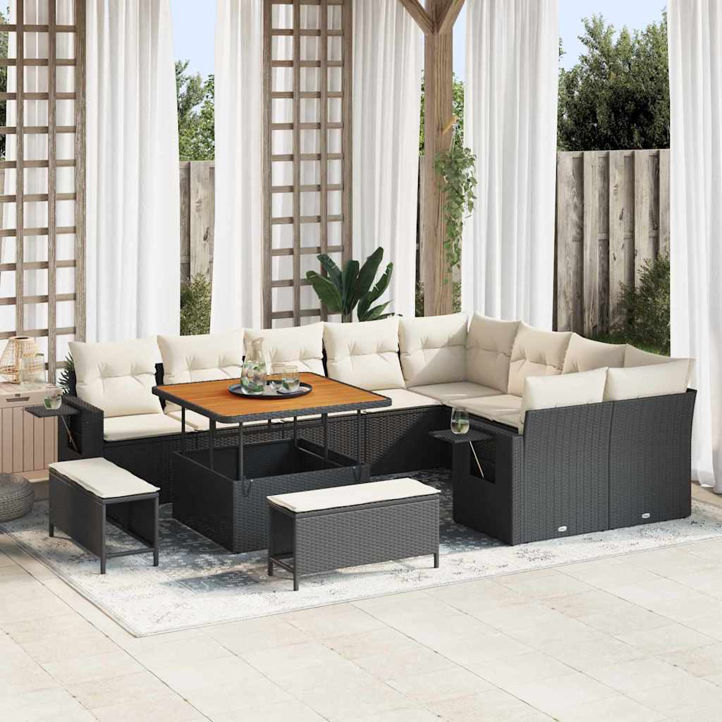 Tuinbankenset met kussen 13 pcs Zwart en Crème poly rattan
