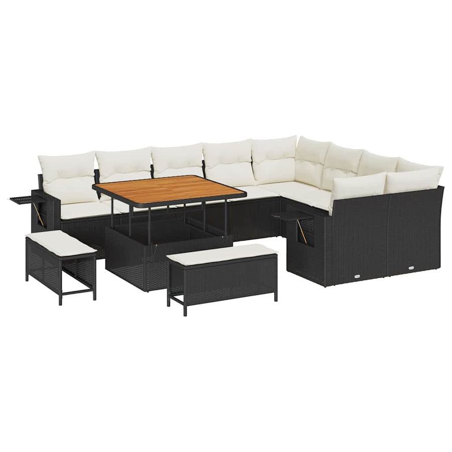 Tuinbankenset met kussen 13 pcs Zwart en Crème poly rattan