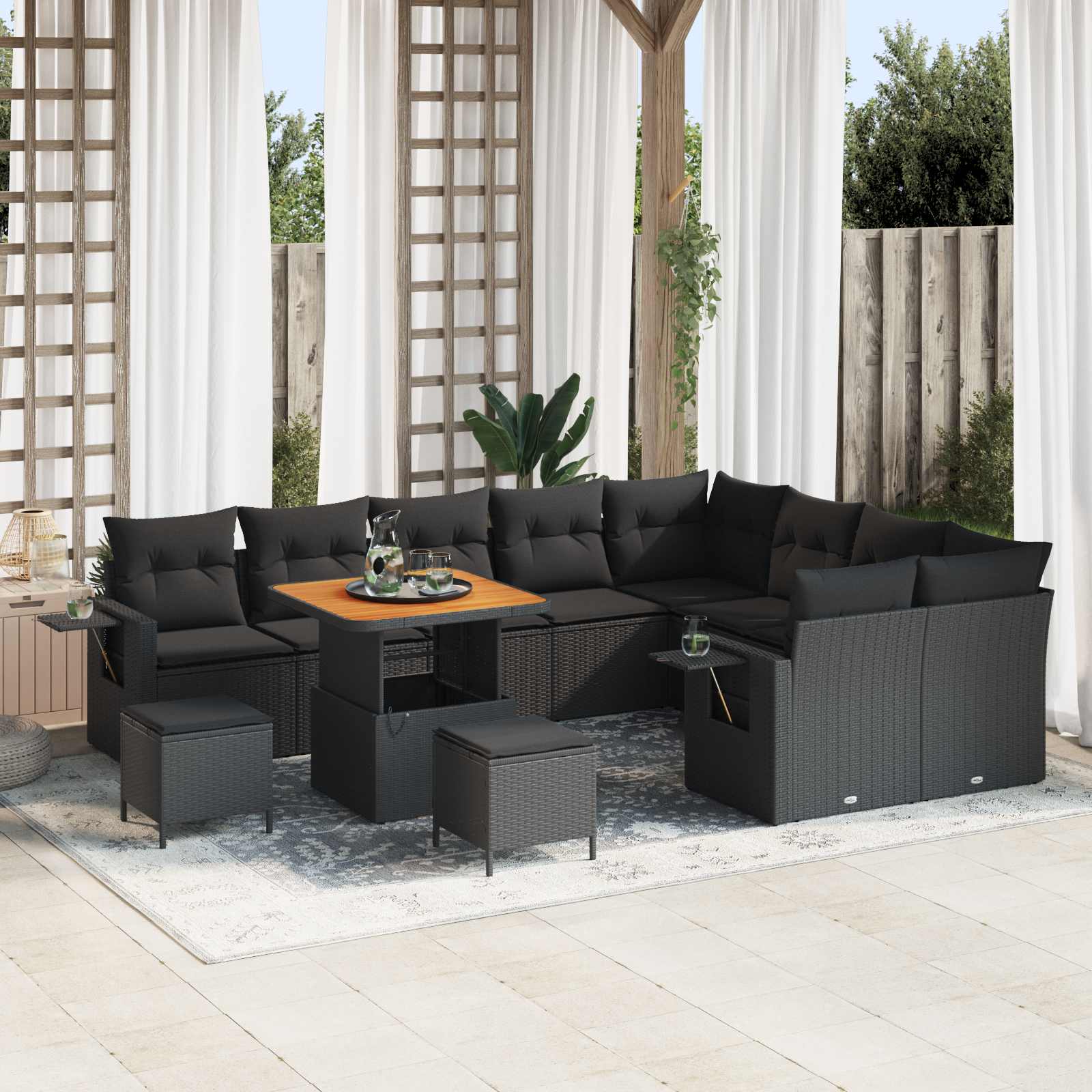 Tuinbankenset met kussen 12 pcs Zwart poly rattan