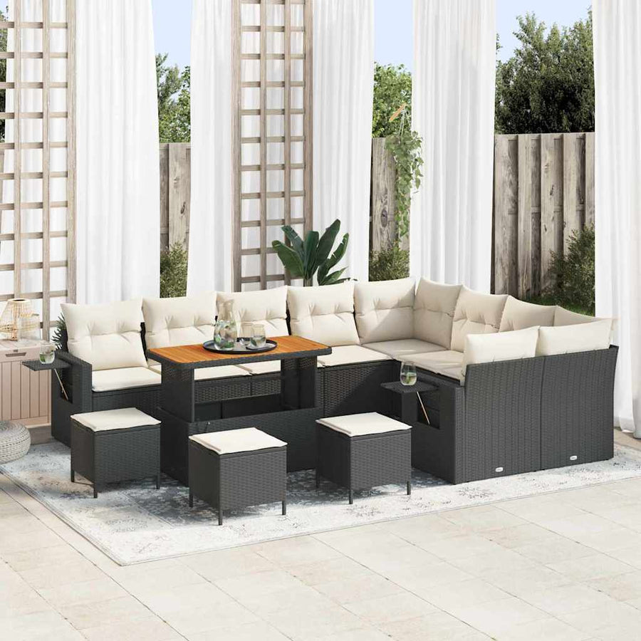 Tuinbankenset met kussen 13 pcs Zwart en Crème poly rattan