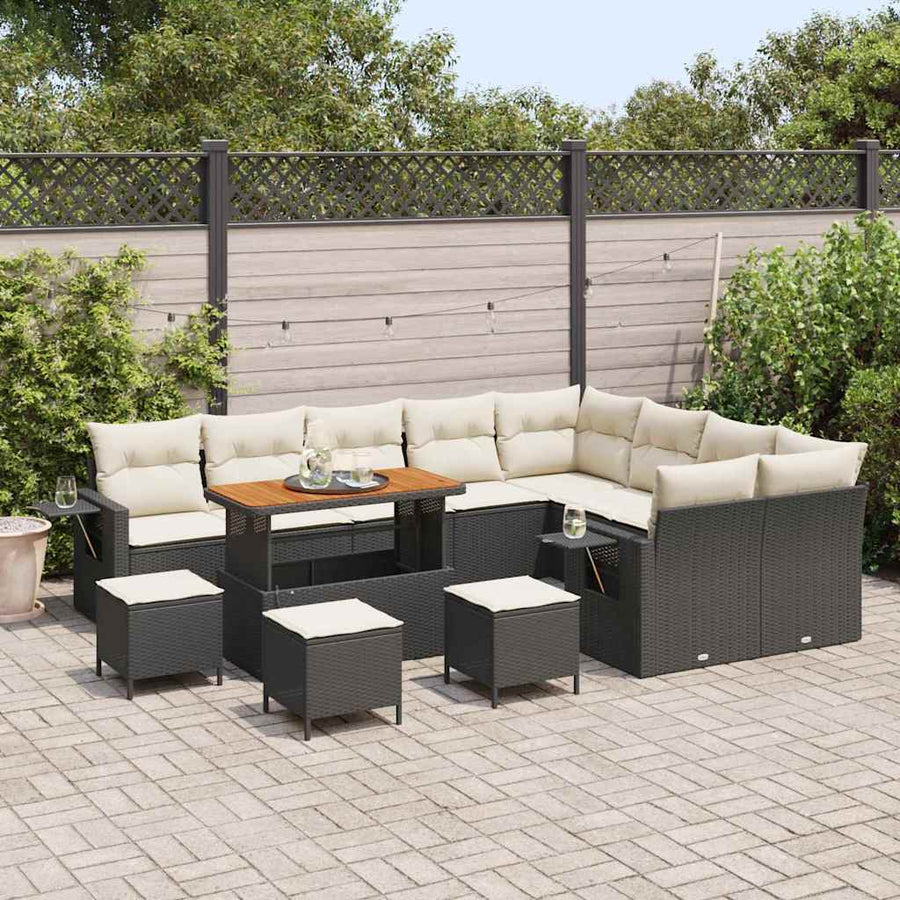 Tuinbankenset met kussen 13 pcs Zwart en Crème poly rattan