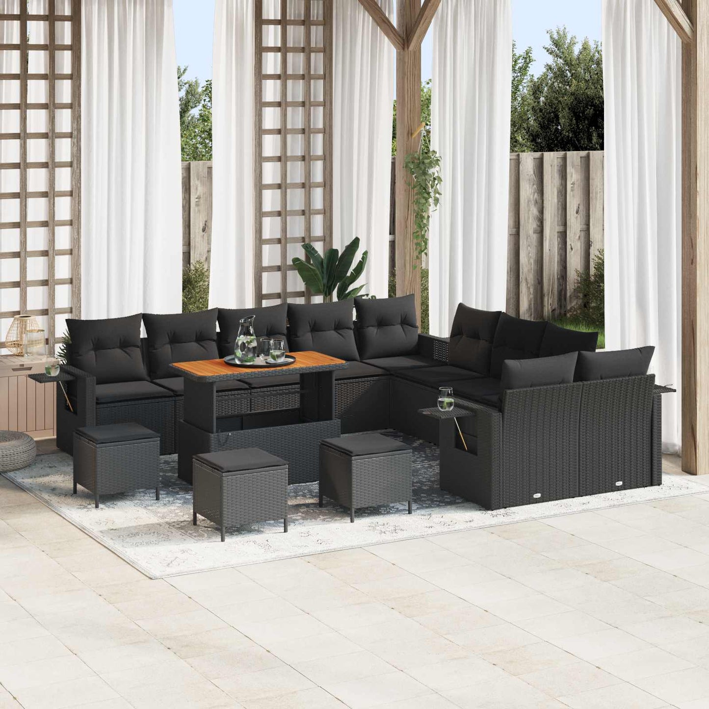 Tuin Sofa Set met kussen met opslag 14 pcs Zwart poly rattan
