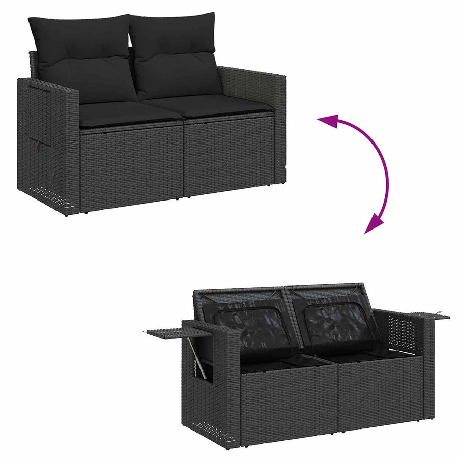 Tuin Sofa Set met kussen met opslag 14 pcs Zwart poly rattan