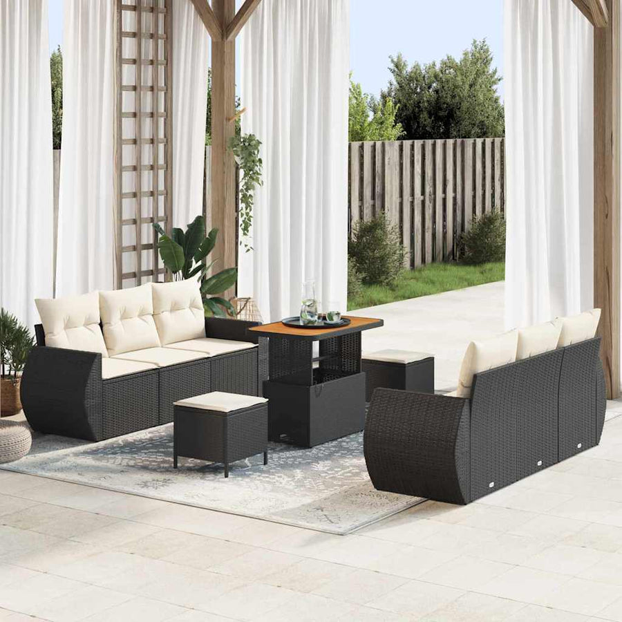 Tuin Sofa Set met kussen 9 pcs Zwart en Crème poly rattan