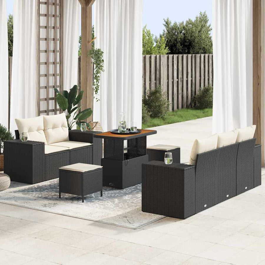 Tuin Sofa Set met kussen 8 pcs Zwart en Crème Poly Rattan
