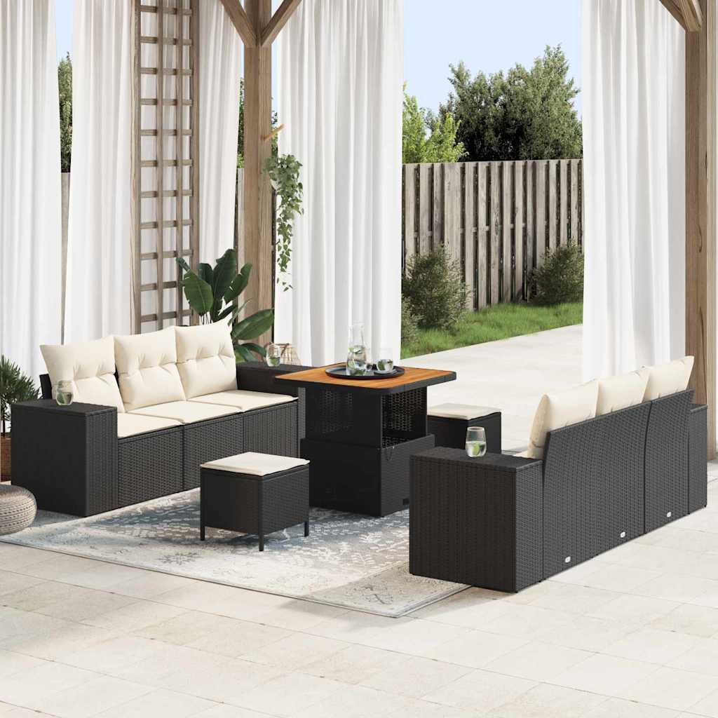 Tuin Sofa Set met kussen 9 pcs Zwart en Crème Poly Rattan