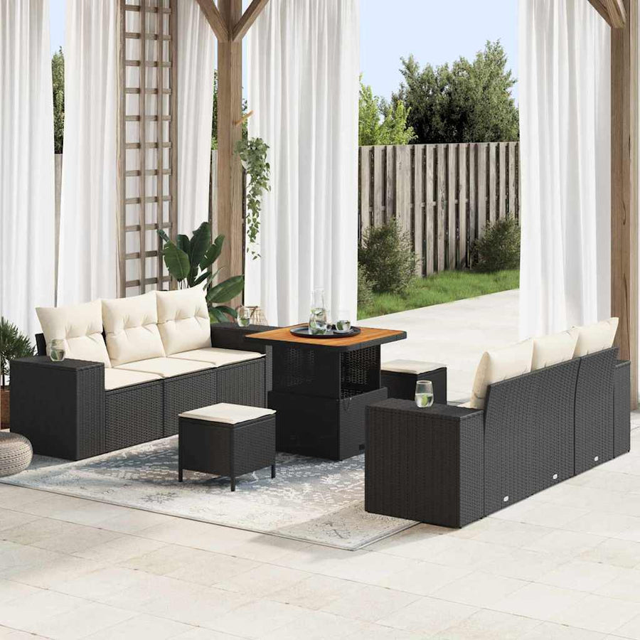 Tuin Sofa Set met kussen 9 pcs Zwart en Crème Poly Rattan