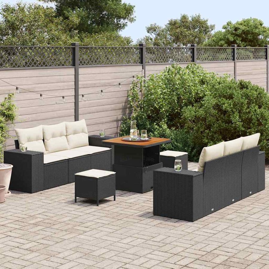 Tuin Sofa Set met kussen 9 pcs Zwart en Crème Poly Rattan