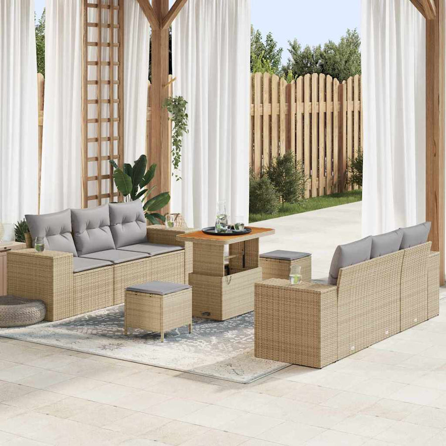 Tuin Sofa Set met kussen 9 pcs Beige en Licht Grijs Poly Rattan