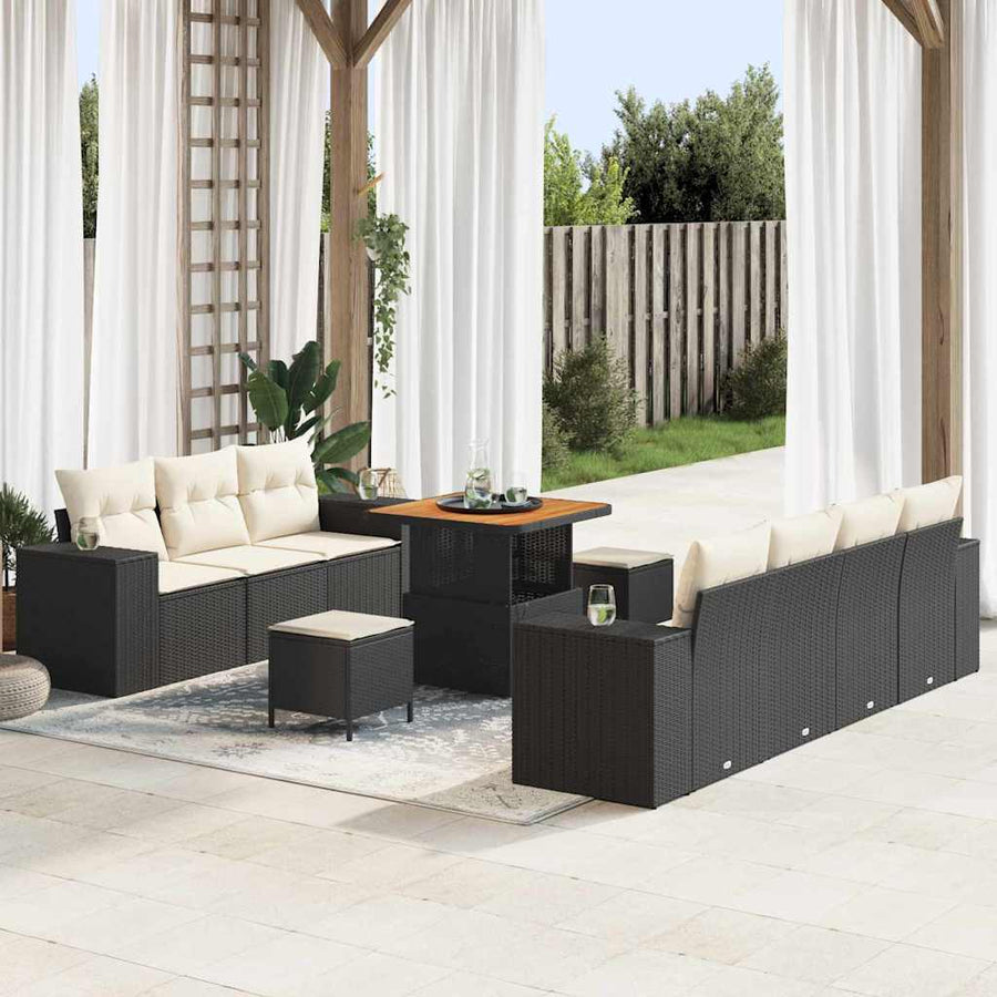 Tuin Sofa Set met kussen 10 pcs Zwart en Crème Poly Rattan
