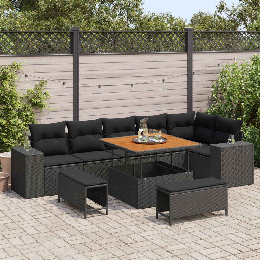 Tuin Sofa Set met kussen 9 pcs Zwart poly rattan