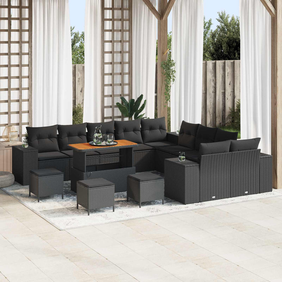 Tuin Sofa Set met kussen 14 pcs Zwart poly rattan