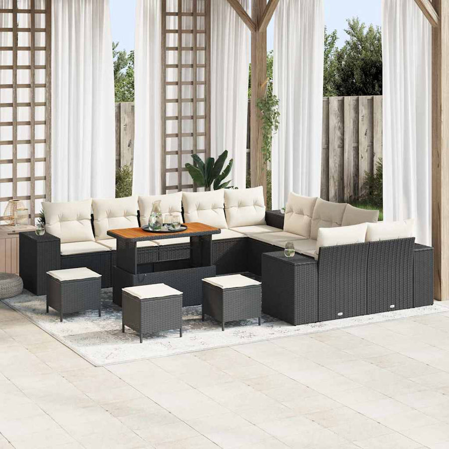 Tuin Sofa Set met kussen 14 pcs Zwart en Crème poly rattan
