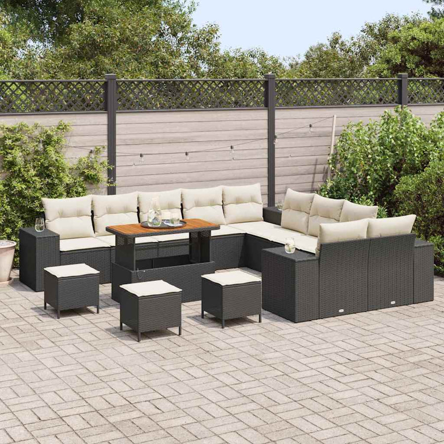 Tuin Sofa Set met kussen 14 pcs Zwart en Crème poly rattan