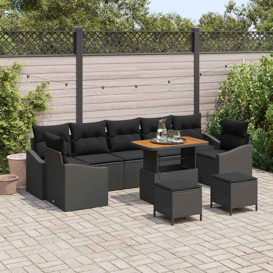 Tuinbankenset met kussen met opslag 10 pcs Zwart Poly riet