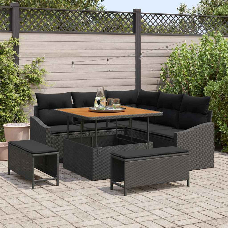 Tuinbankenset met kussen met opslag 8 pcs Zwart Poly riet