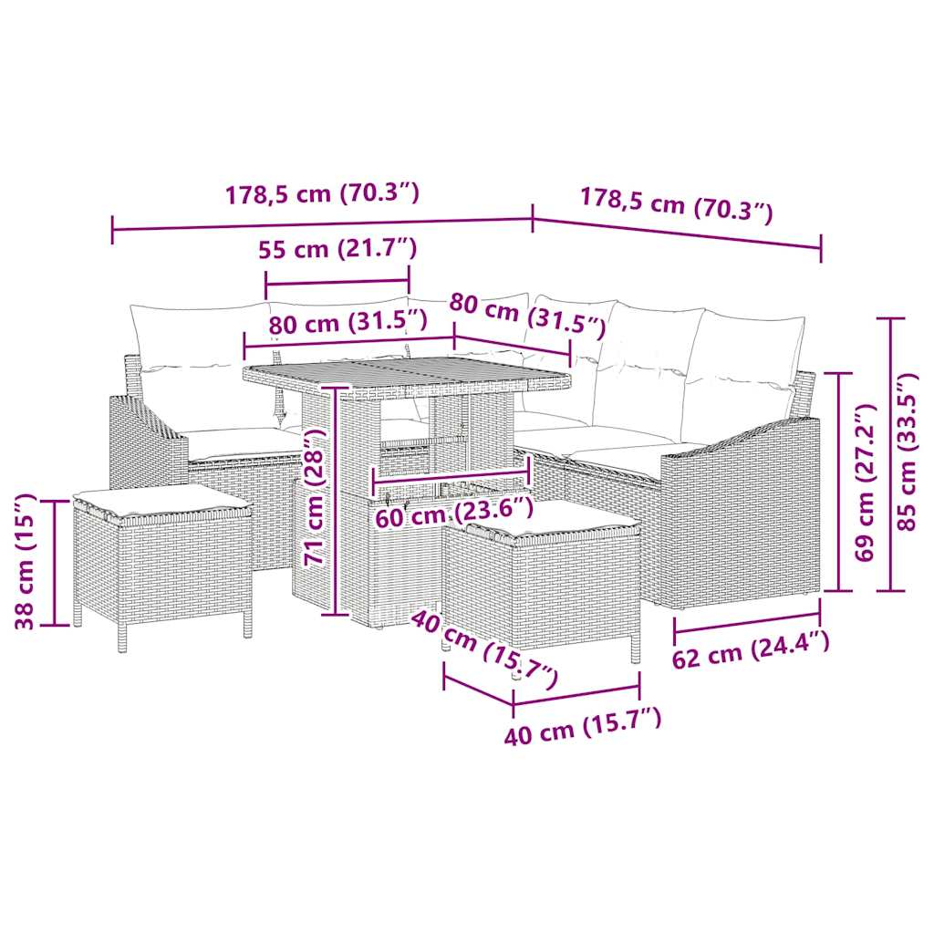 Tuin Sofa Set met kussen met opslag 8 pcs Beige en Licht Grijs