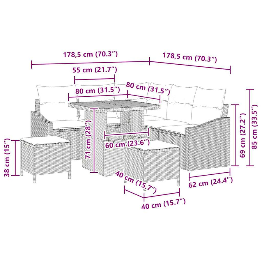 Tuinbankenset met kussen met opslag 8 pcs Grijs Poly riet