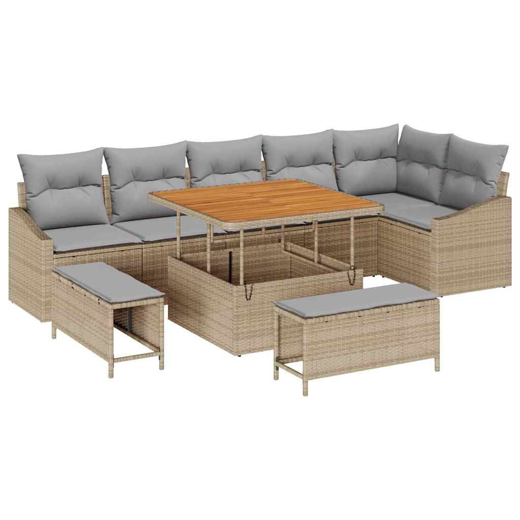 Tuinbankenset Met Kussen Met Opslag 9 Pcs Poly Riet 100 cm tafellengte Beige Lichtgrijs