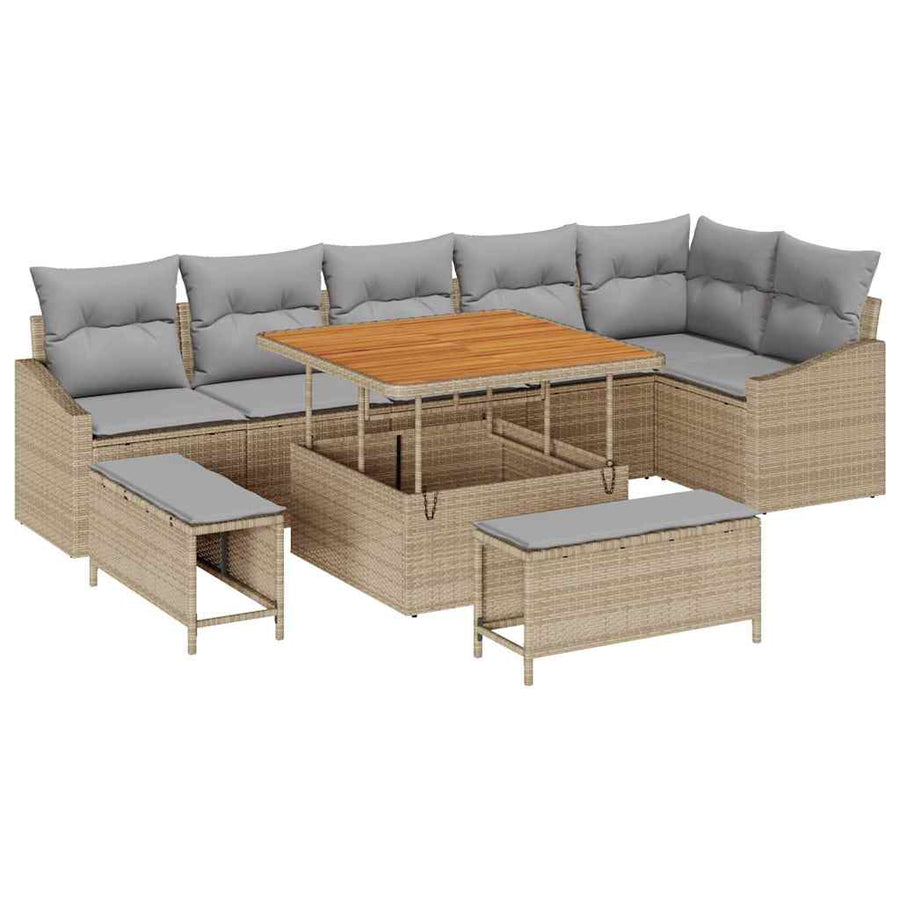 Tuinbankenset Met Kussen Met Opslag 9 Pcs Poly Riet 100 cm tafellengte Beige Lichtgrijs