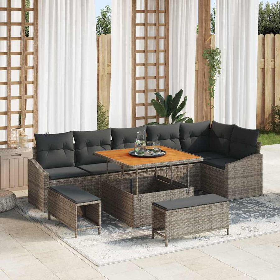 Tuinbankenset met kussen met opslag 9 pcs Grijs Poly riet