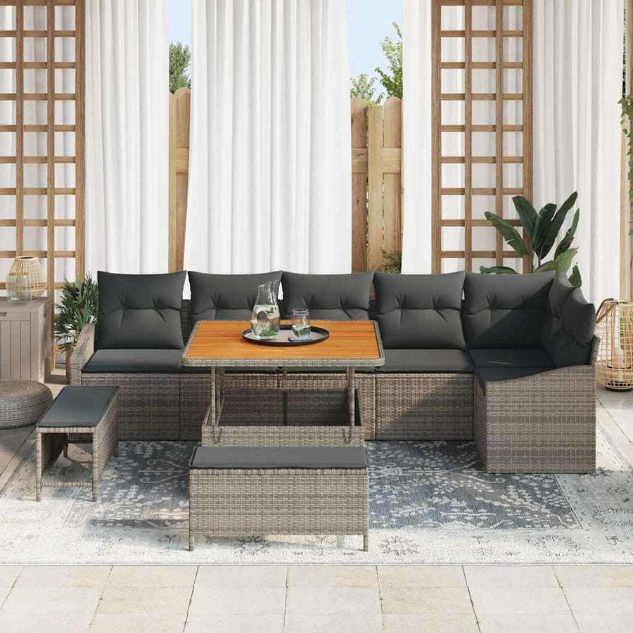 Tuinbankenset met kussen met opslag 9 pcs Grijs Poly riet