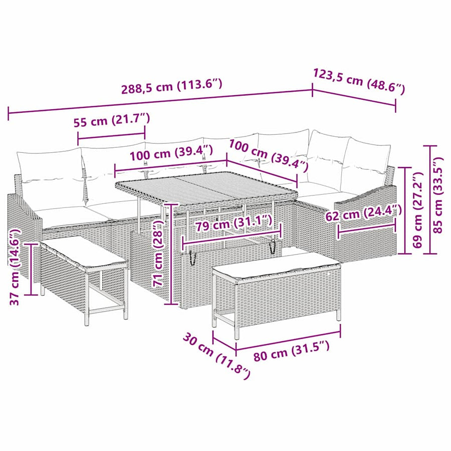 Tuinbankenset met kussen met opslag 9 pcs Grijs Poly riet