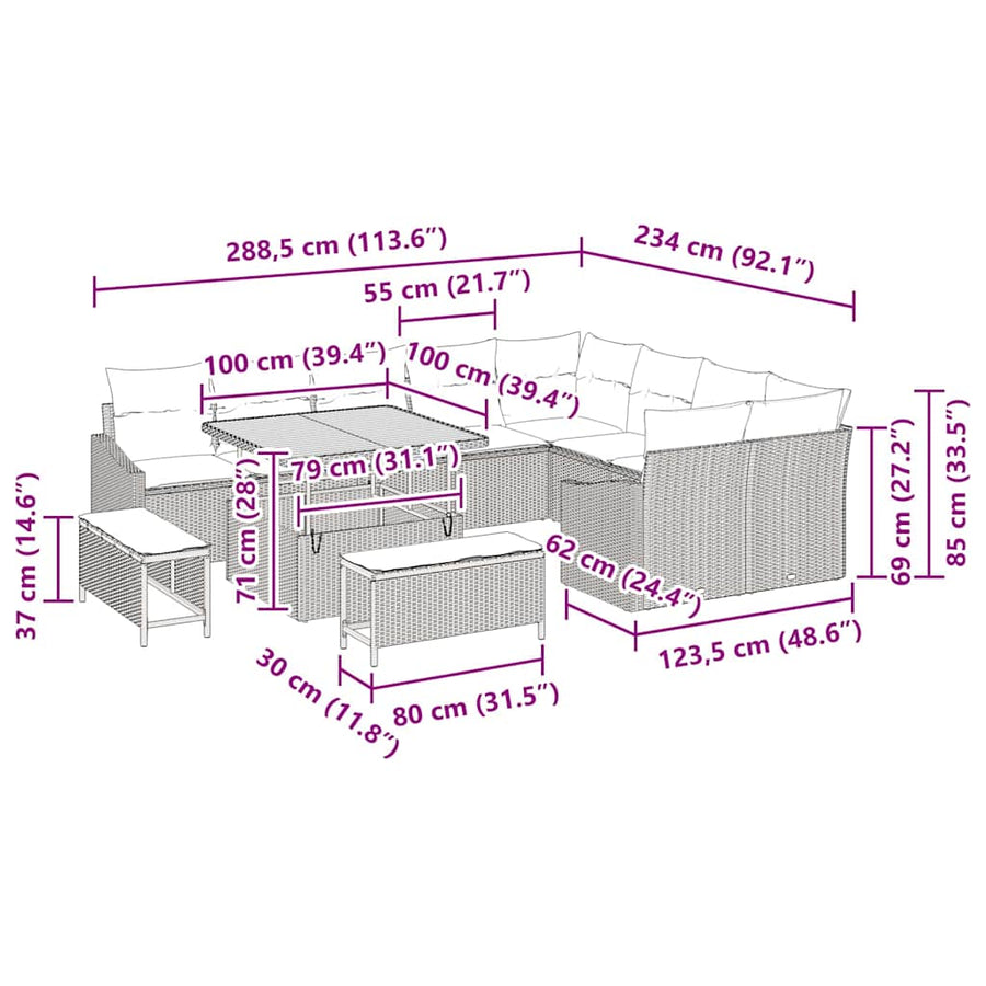 Tuinbankenset met kussen met opslag 12 pcs Beige Poly riet