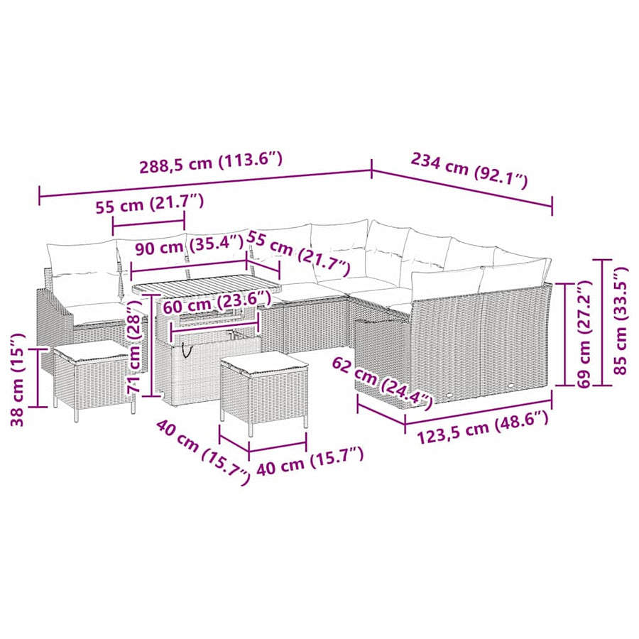 Tuinbankenset met kussen met opslag 12 pcs Zwart Poly riet