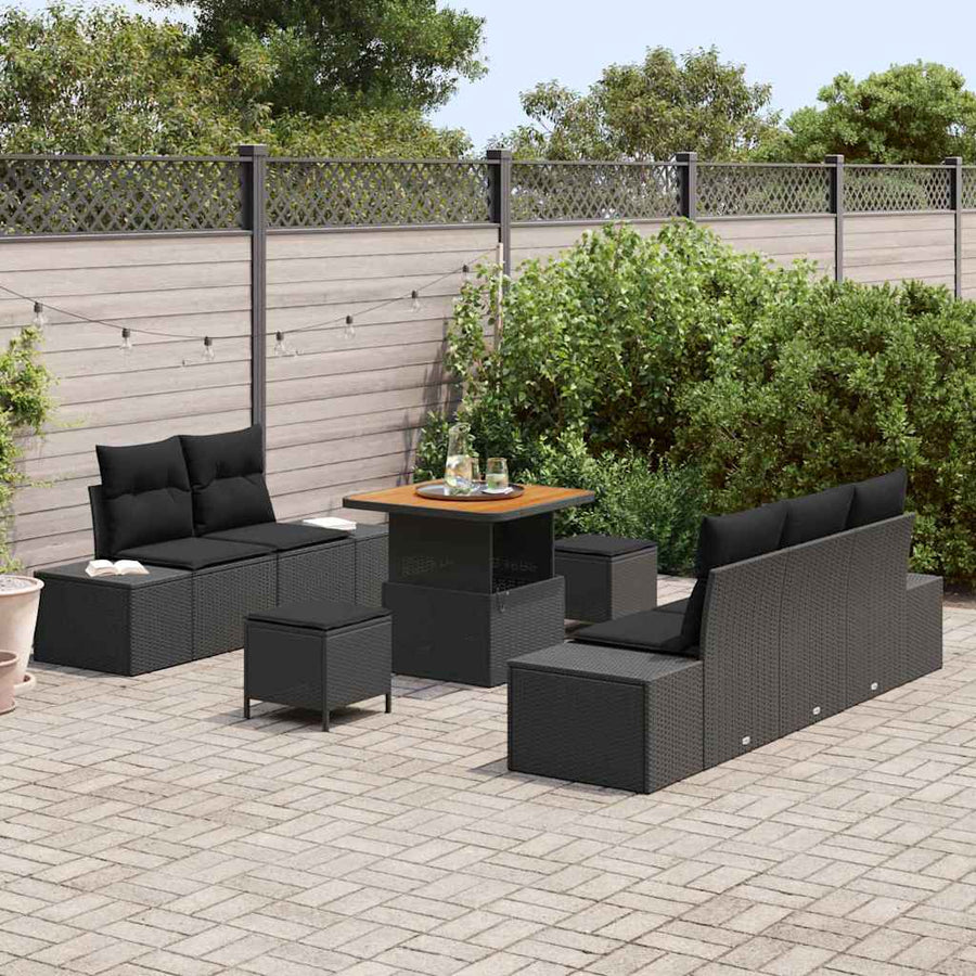 Tuinbankenset met kussen met opslag 8 pcs Zwart Poly riet